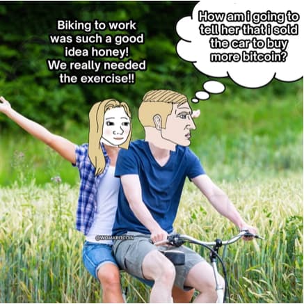 A couple riding a bike to work meme