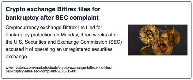 Crypto exchange Bittrex files for bankruptcy after SEC complaint