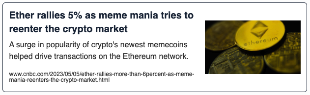 Ether rallies 5% as meme mania tries to reenter the crypto market