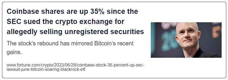 Coinbase shares are up 35% since the SEC sued the crypto exchange for allegedly selling unregistered securities
