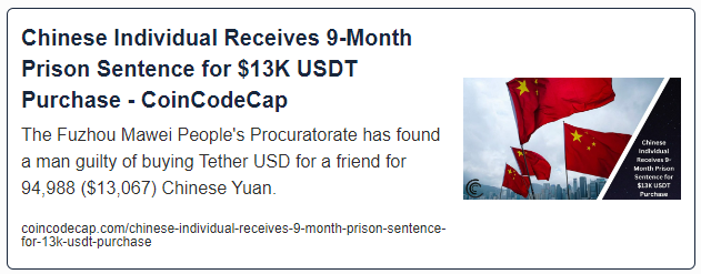 Chinese Individual Receives 9-Month Prison Sentence for $13K USDT Purchase
