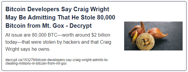 Bitcoin Developers Say Craig Wright May Be Admitting That He Stole 80,000 Bitcoin from Mt. Gox
