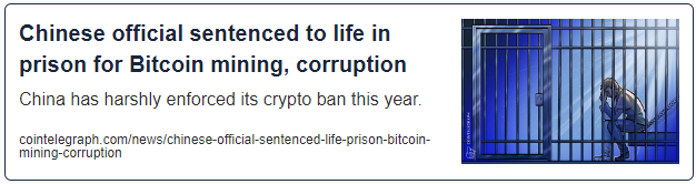 Chinese official sentenced to life in prison for Bitcoin mining, corruption
