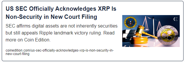 US SEC Officially Acknowledges XRP Is Non-Security in New Court Filing
