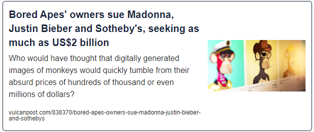 Bored Apes’ owners sue Madonna, Justin Bieber and Sotheby’s, seeking as much as US$2 billion