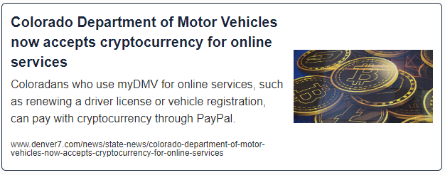Colorado Department of Motor Vehicles now accepts cryptocurrency for online services
