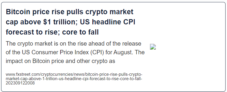 Bitcoin price rise pulls crypto market cap above $1 trillion; US headline CPI forecast to rise; core to fall
