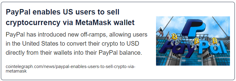 PayPal enables US users to sell cryptocurrency via MetaMask wallet
