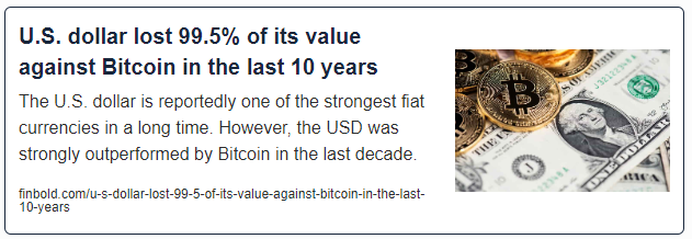 U.S. dollar lost 99.5% of its value against Bitcoin in the last 10 years
