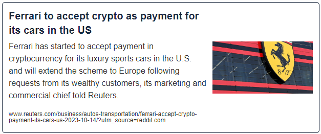 Ferrari to accept crypto as payment for its cars in the US
