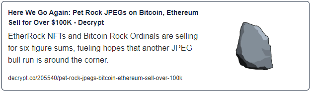 Here We Go Again: Pet Rock JPEGs on Bitcoin, Ethereum Sell for Over $100K
