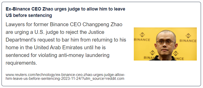 Ex-Binance CEO Zhao urges judge to allow him to leave US before sentencing
