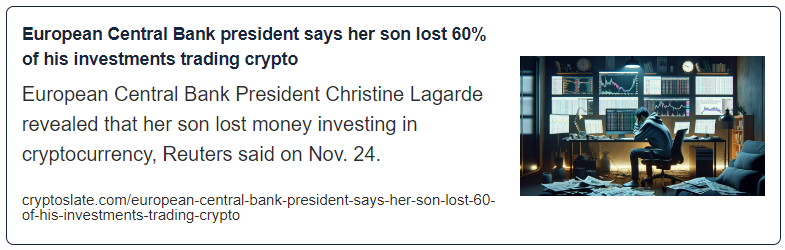 European Central Bank president says her son lost 60% of his investments trading crypto
