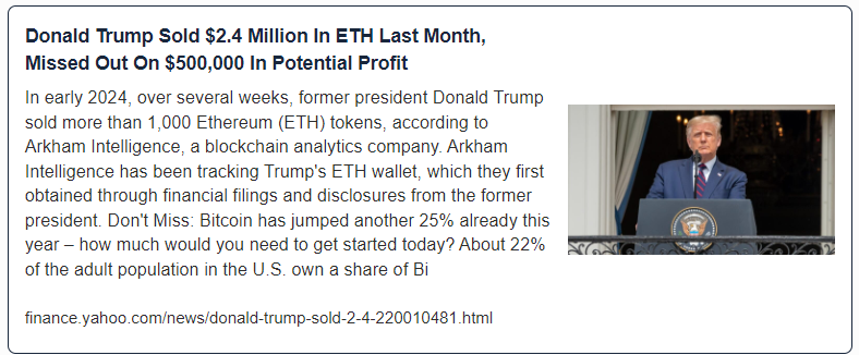 Donald Trump Sold $2.4 Million In ETH Last Month, Missed Out On $500,000 In Potential Profit
